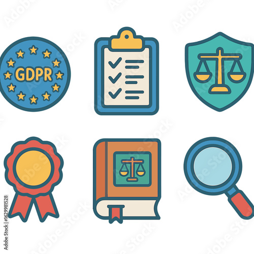 Childlike Compliance Icons. Flat vector mini-illustrations of compliance and regulatory badges in colors children’s illustrations: