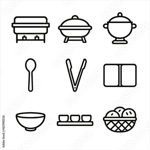 Buffet Serveware Icons. Outline icon set of buffet serveware: warming tray, chafing dish, soup tureen, buffet spoon, serving tong,