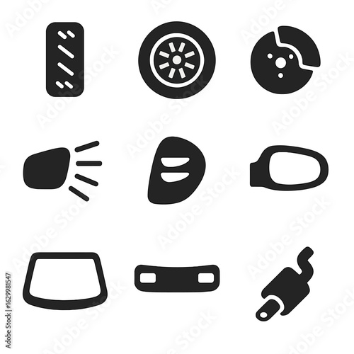 Car Feature Icons. Solid, filled icons set of car external motion features: tires, wheels, brakes, headlights,