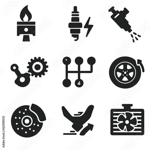 Car Mechanics Icons. Solid, filled icons set of car mechanical processes: combustion, ignition, fuel injection