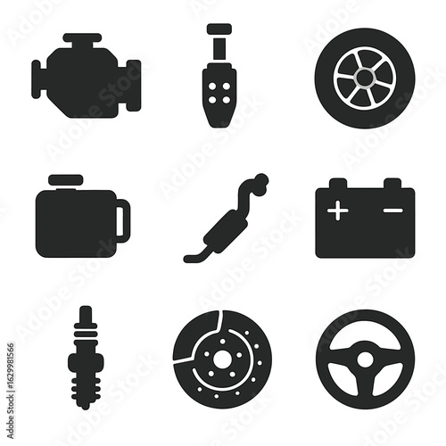 Car Mechanics Icons. Solid, filled icons set of what makes a car move: engine, transmission, wheels, fuel tank