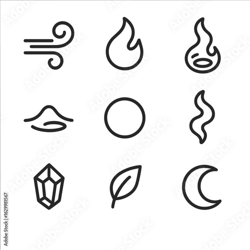 Elemental Icons Grid. Outline icon set of spirit elements: wind swirl, flame wisp, water ripple, earth pulse, ether ring, spirit