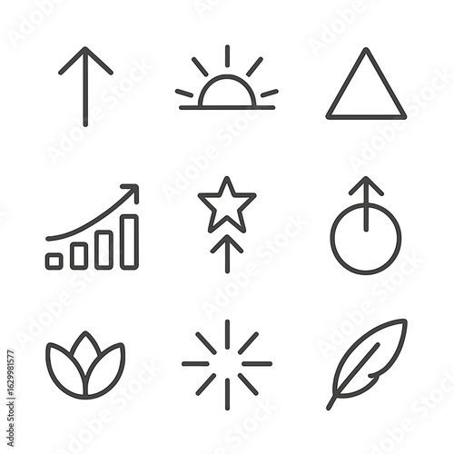 Elevate Icon Set. Outline icon set of elevate symbols: upward arrow, rising sun, ascending triangle, climbing bar chart, lifting