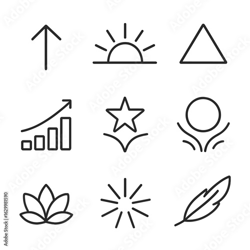 Elevate Icon Set. Outline icon set of elevate symbols: upward arrow, rising sun, ascending triangle, climbing bar chart, lifting