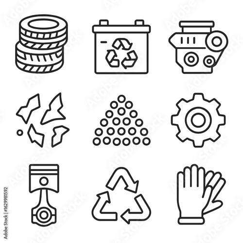Car Parts Recycling Icons. Outline icon set of car parts recycling: tire stack, battery recycling, engine