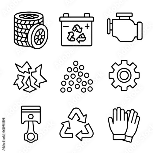 Car Parts Recycling Icons. Outline icon set of car parts recycling: tire stack, battery recycling, engine
