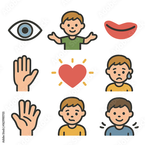 Children's Body Language Icons. Flat vector mini-illustrations nonverbal cues and body language in colors children's illustrations
