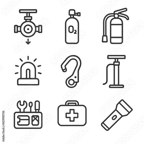 Emergency Equipment Icons. Outline icon set of emergency and backup equipment: quick-release valve, backup O₂ bottle, fire