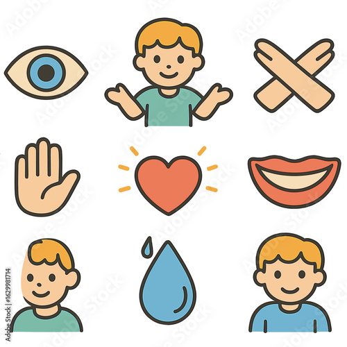 Children's Body Language Icons. Flat vector mini-illustrations nonverbal cues and body language in colors children's illustrations