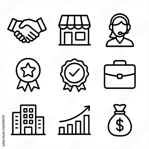 Business Icon Set. Outline icon set of business reputation: handshake, storefront, customer service, award, seal, briefcase,