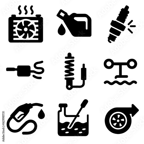 Car Systems Icons. Solid, filled icons set of car internal systems: cooling system, lubrication system,
