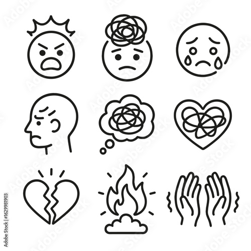 Emotional Chaos Icons. Outline icon set of chaos in emotions: angry burst, confused face, crying eyes, stressed head, chaotic