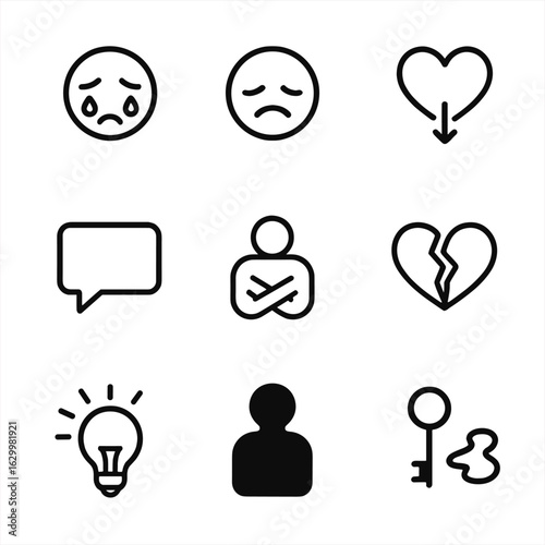 Emotional Helplessness Icons. Outline icon set of emotional helplessness: tears, downward face, heavy heart, empty speech bubble,