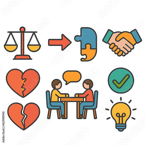 Children's Compromise Icons. Flat vector mini-illustrations finding compromise solutions in colors children's illustrations: