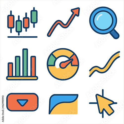 Children's Crypto Chart Icons. Flat vector mini-illustrations crypto price chart analysis in colors children's illustrations: