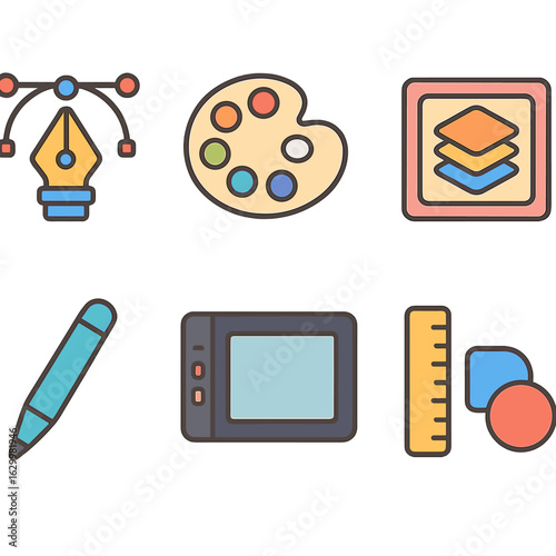 Children's Design Toolset. Flat vector mini-illustrations graphic design toolset in colors children's illustrations: vector pen