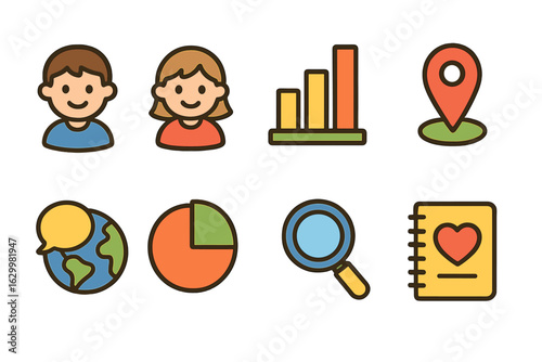Children's Demographics Icons. Flat vector mini-illustrations audience demographics breakdown in colors children's illustrations: