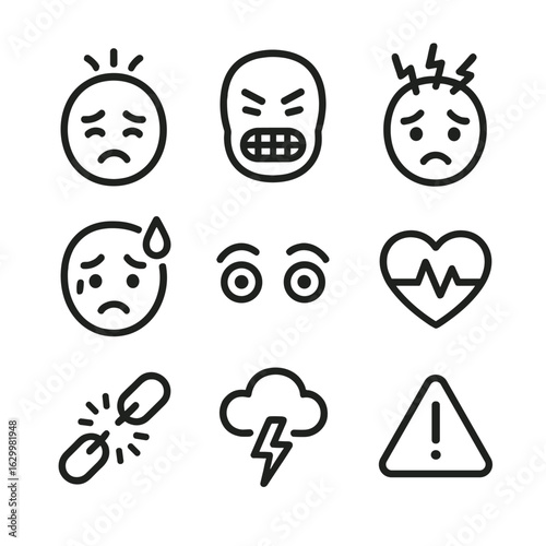 Emotional Tension Icons. Outline icon set of emotional tension: stressed face, clenched jaw, headache, sweating, anxious eyes,