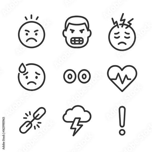 Emotional Tension Icons. Outline icon set of emotional tension: stressed face, clenched jaw, headache, sweating, anxious eyes,