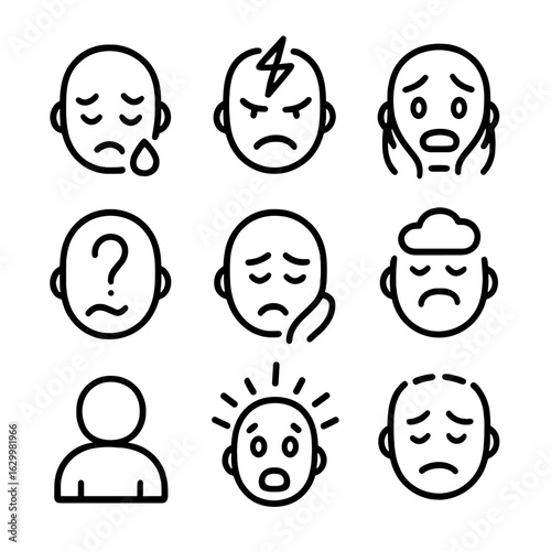 Emotional Trauma Icons. Outline icon set of emotional trauma: sadness, anger, fear, confusion, despair, guilt, loneliness, panic,