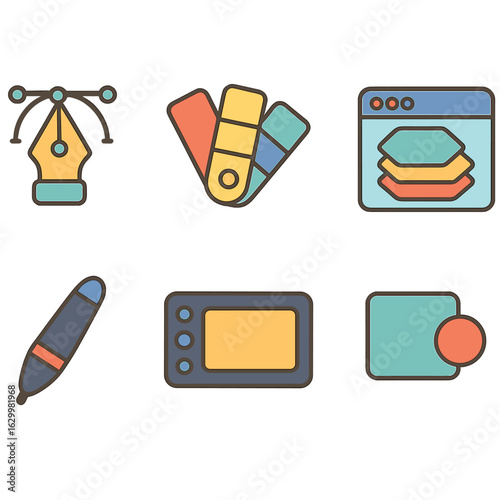 Children's Design Toolset. Flat vector mini-illustrations graphic design toolset in colors children's illustrations: vector pen