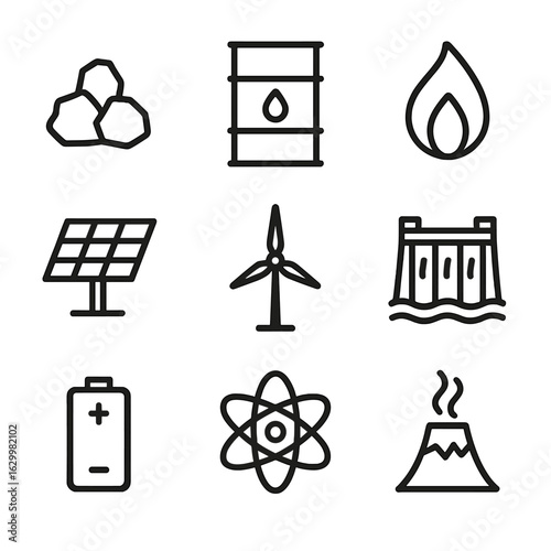 Energy Sources Icons. Outline icon set of energy sources: coal, oil barrel, natural gas flame, solar panel, wind turbine, hydro