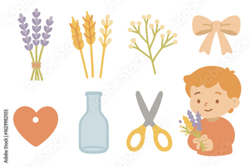 Children's Floral Icons. Flat vector mini-illustrations dried flower arrangement in colors children's illustrations: lavender