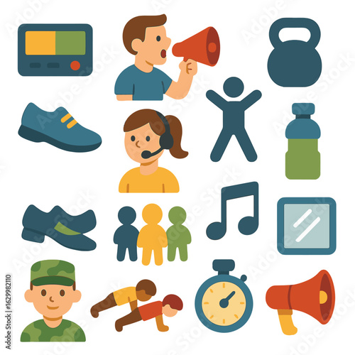 Children's Fitness Illustrations. Flat vector mini-illustrations HIIT instructors timing intervals in colors children’s