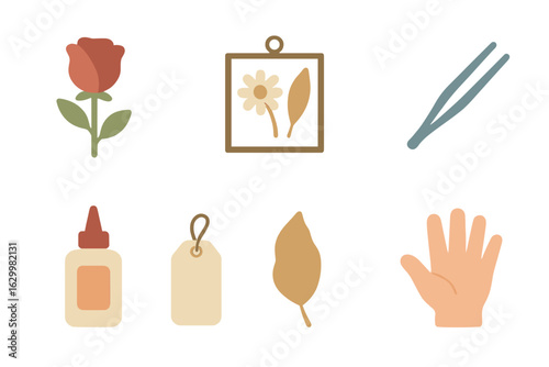 Children's Flower Craft. Flat vector mini-illustrations pressed flower frame in colors children's illustrations: pressed rose,