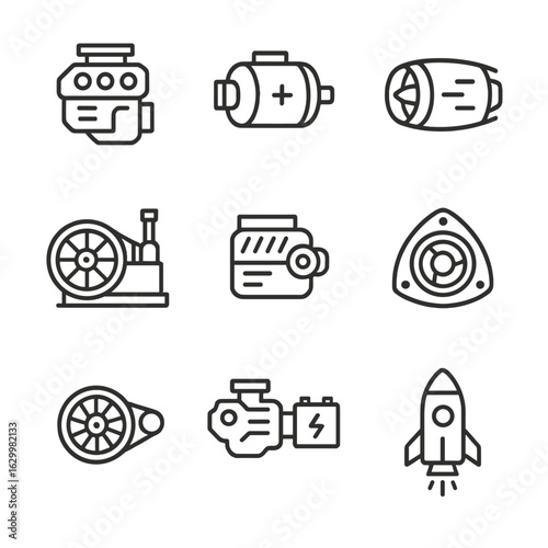 Engine Icon Set. Outline icon set of types of engines: internal combustion engine, electric motor, jet engine, steam engine,