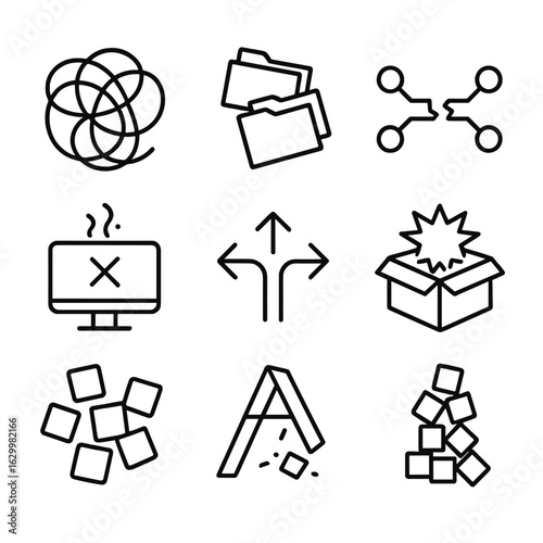 Entropy Icon Set. Outline icon set of entropy in systems: tangled wires, disorganized files, broken network, crashing computer,