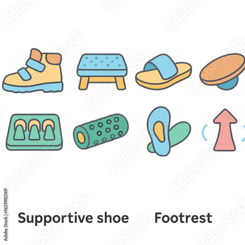 Children's Foot Care Icons. Flat vector mini-illustrations supportive footwear and footrests in colors children's illustrations: