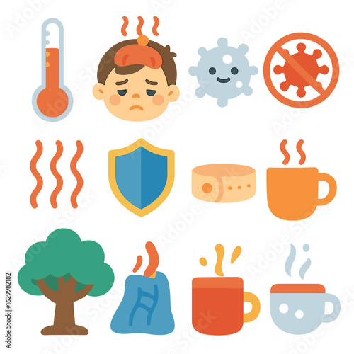 Children's Health Illustrations. Flat vector mini-illustrations fever response and immune activation in colors children's