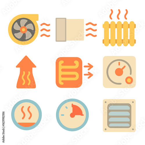 Children's Heating Icons. Flat vector mini-illustrations heat distribution systems in colors children's illustrations: blower fan,