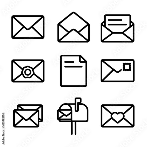 Envelope Icon Set. Outline icon set of letter envelopes: closed envelope, open envelope, envelope with letter peeking, sealed