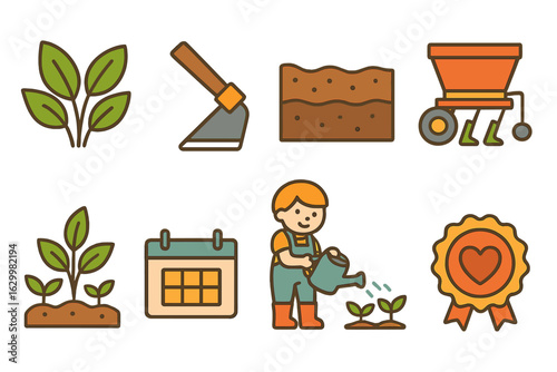 Children's Farming Icons. Flat vector mini-illustrations cover cropping practice in colors children's illustrations: cover crop