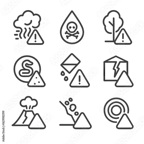 Environmental Hazard Icons. Outline icon set of environmental hazard warnings: air pollution alert, water contamination warning,