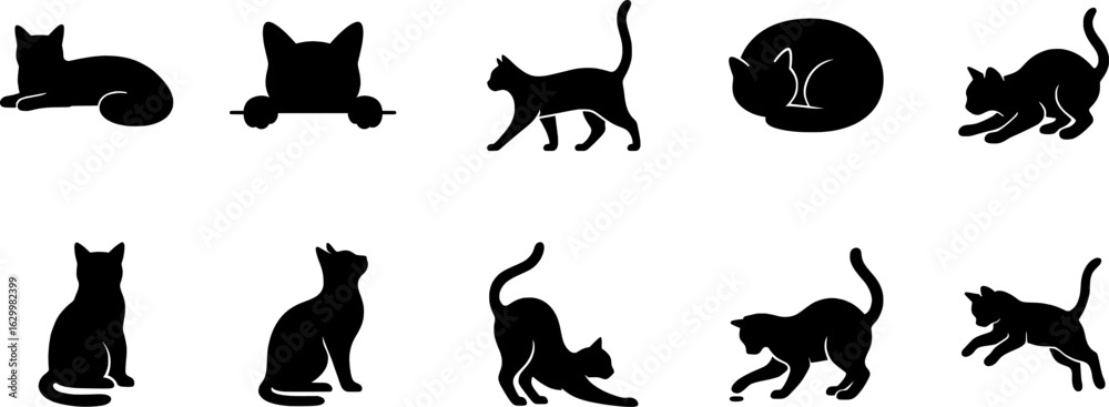 Naklejka premium Expressive Cat Silhouette Icon Set.