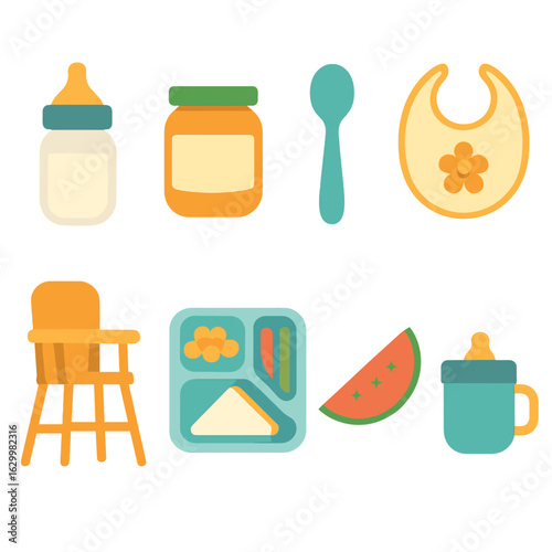 Children's Meal Icons. Flat vector mini-illustrations feeding and meal preparation in colors children's illustrations: baby bottle