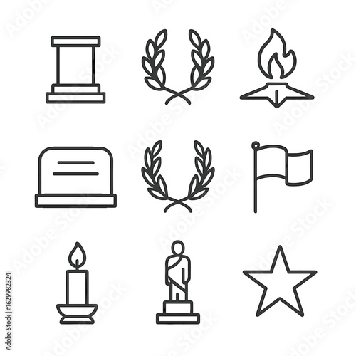 Eternal Flame Icons. Outline icon set of eternal flame memorial elements: pedestal, wreath, eternal flame monument, plaque, laurel