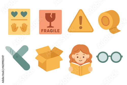 Children's Parcel Adventure. Flat vector mini-illustrations opening a parcel with care instructions in colors children's