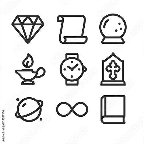 Eternal Objects Icons. Outline icon set of eternal objects: diamond, ancient scroll, crystal ball, eternal flame lamp, timeless