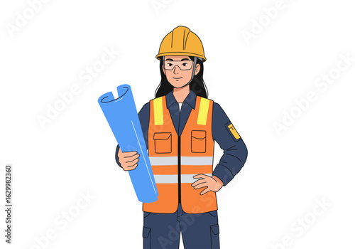 Confident female engineer holding blueprints, ready for construction project.
