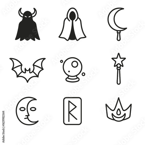 Eternal Night Icons. Outline icon set of eternal night mythology: dark god, shadow cloak, crescent blade, night crown, bat wings,
