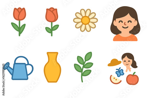 Children's Picnic and Flowers. Flat vector mini-illustrations Mother’s Day flower bouquet arranging in colors children's