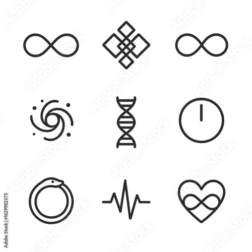 Eternal Icon Set. Outline icon set of eternal concepts: infinity symbol, eternal knot, endless loop, spiral galaxy, DNA helix,