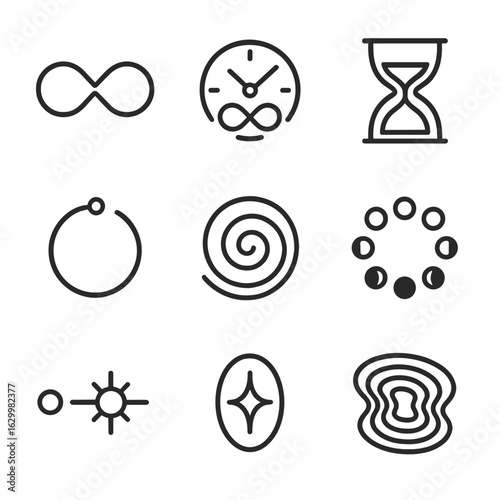 Eternal Time Icons. Outline icon set of immortality time: endless loop, infinity clock, timeless hourglass, cosmic cycle, eternal
