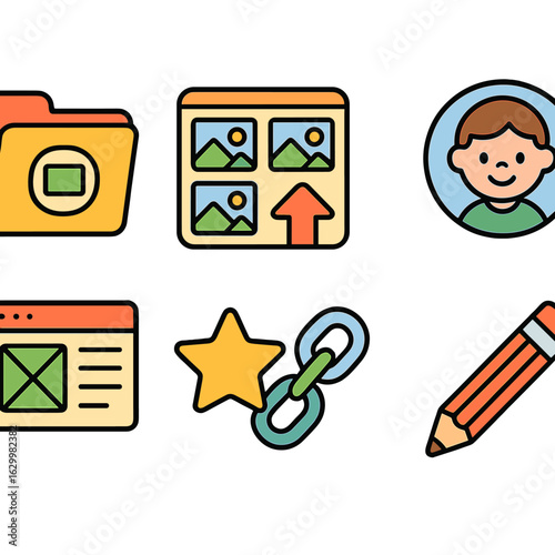 Children's Portfolio Icons. Flat vector mini-illustrations personal portfolio building in colors children's illustrations: