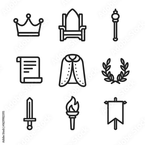 Eternal Reign Icons. Outline icon set of eternal reign ceremony: crown, throne, scepter, scroll, royal robe, laurel wreath, sword,