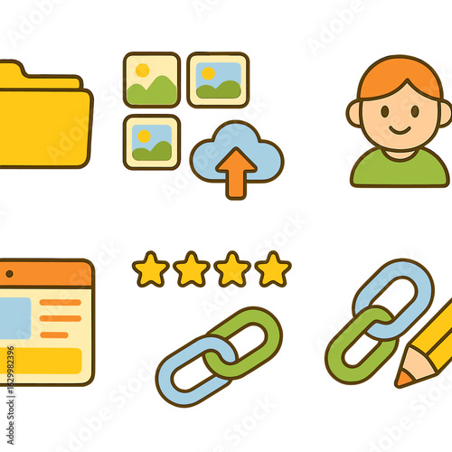 Children's Portfolio Icons. Flat vector mini-illustrations personal portfolio building in colors children's illustrations: